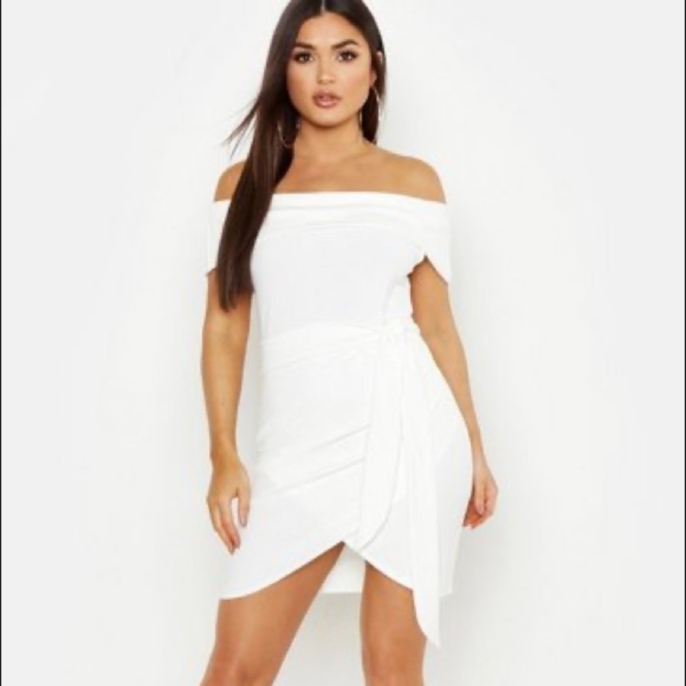 White Wrap Off The Shoulder Dress BooHoo